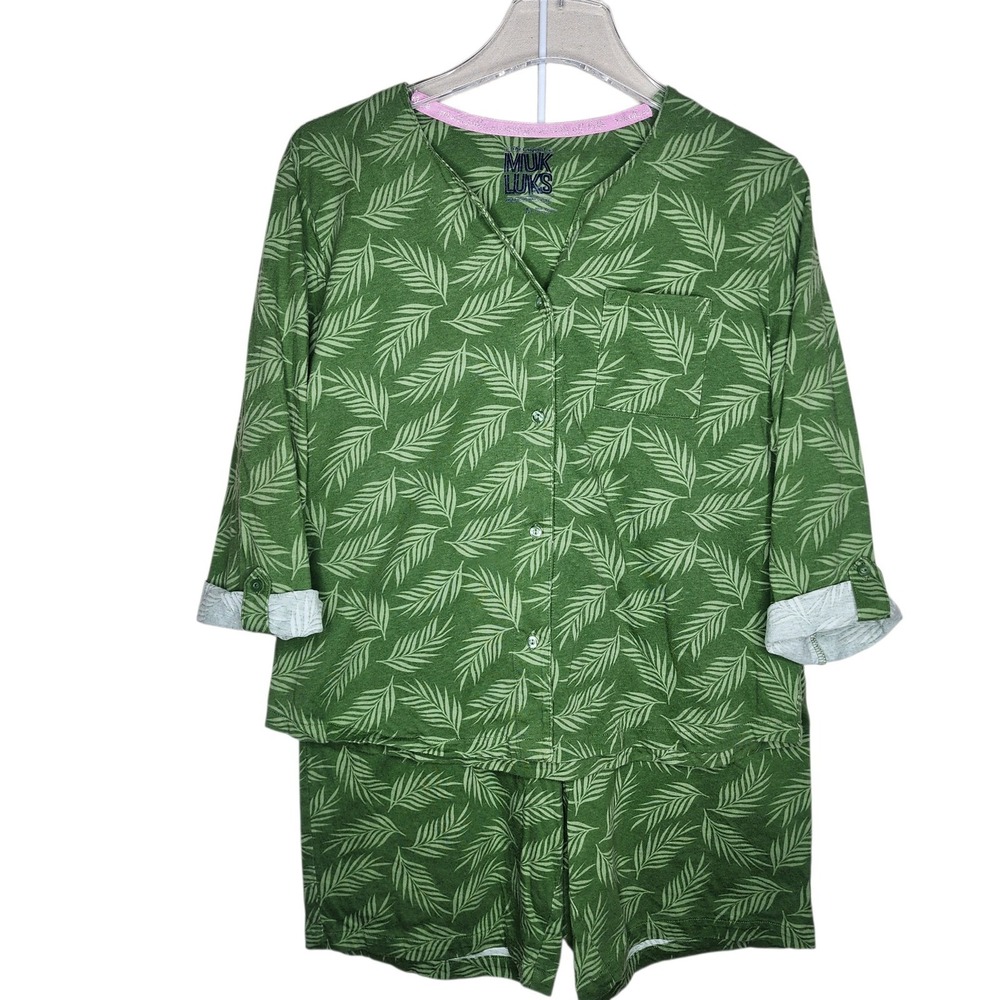 Muk Luks Pajama Set‎ Womens Medium Green Palm Leaf Print Cotton Top Shorts 2pc